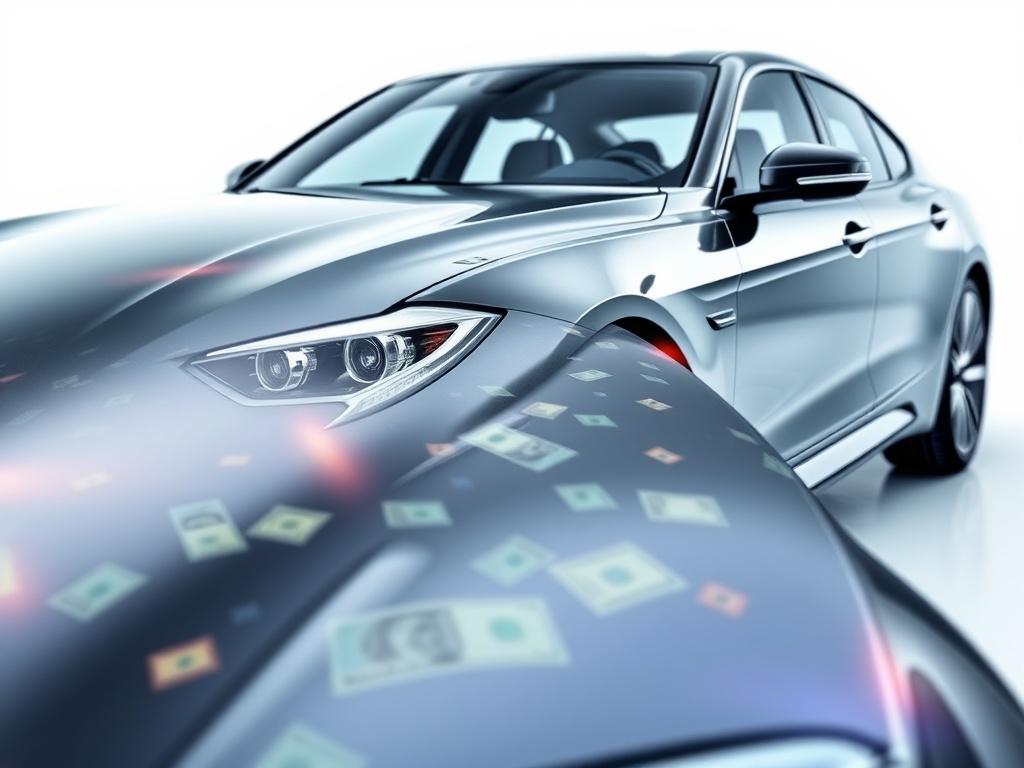 A hyper-realistic close-up shot of a shiny car with a vibrant money effect animation overlay. The background should be a clean, neutral color to emphasize the car. The composition should focus on the vehicle’s details, showcasing its features while the animated money effect subtly highlights the value being revealed.