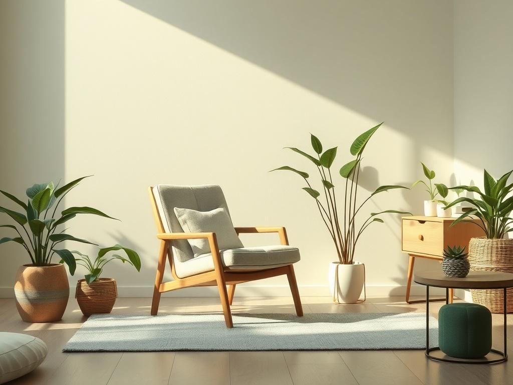 A serene and inviting therapy space featuring a comfortable chair, soft lighting, and calming decor. The background includes natural elements like plants, with a minimalistic design emphasizing tranquility. The overall color scheme incorporates soothing greens and earthy tones, creating a peaceful atmosphere. The focus should be on the chair as the main subject, symbolizing comfort and safety.