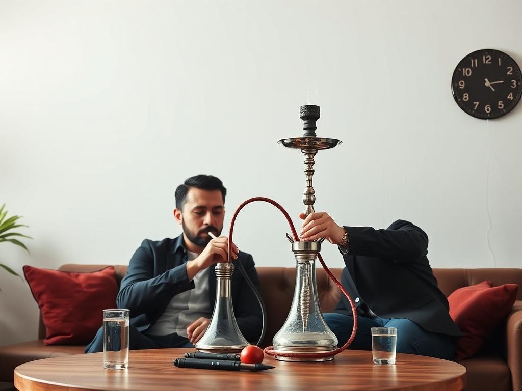 A realistic high-resolution photo of a personalized smoking lesson taking place, with a professional instructor guiding a learner on how to smoke hookah correctly. The setting should be comfortable and inviting.