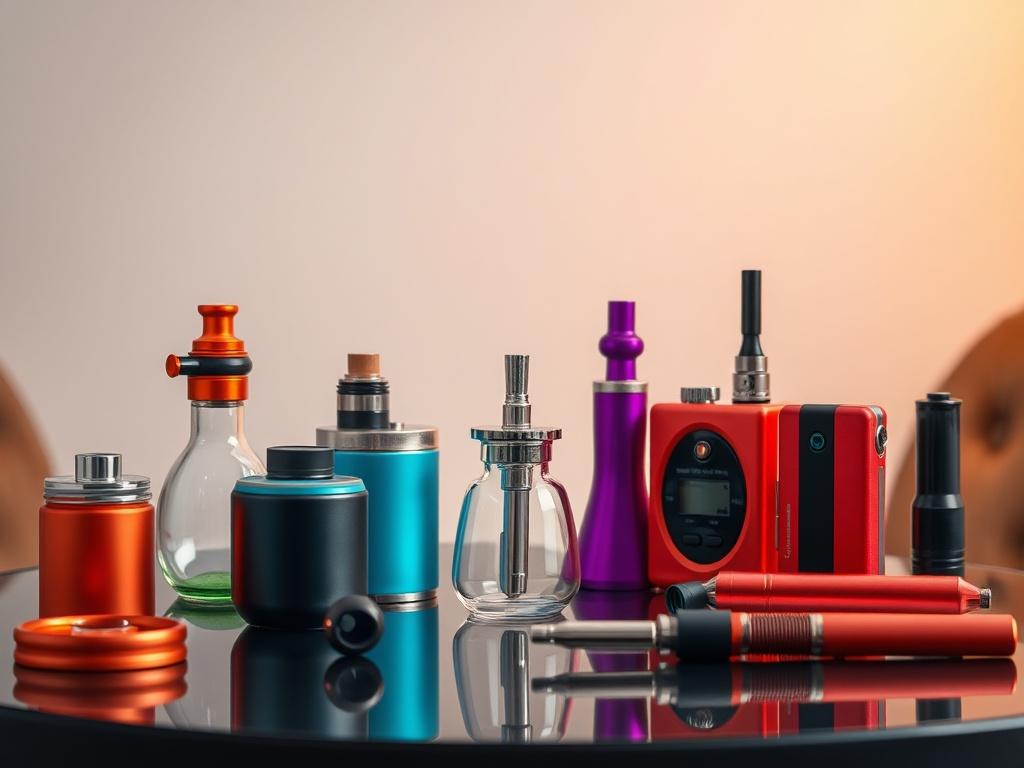 A realistic high-resolution photo showcasing a collection of premium smoking accessories arranged neatly on a stylish table. The image should highlight the vibrant colors of the accessories against a clean, minimalistic background.
