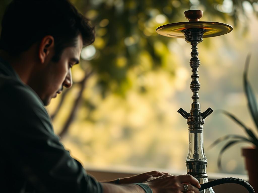 A realistic high-resolution photo of a person preparing a premium hookah in a serene environment. The focus is on the hookah with vibrant colors, clean lines, and minimalistic style. The background should be softly blurred to emphasize the subject.