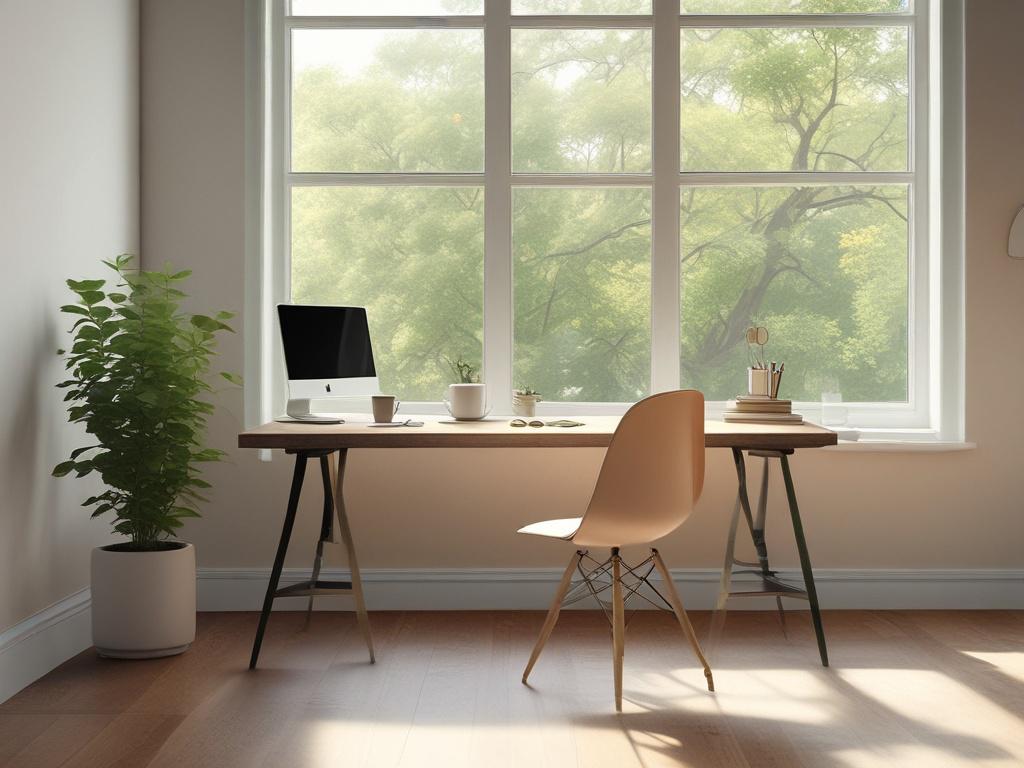 A minimalist workspace with a clean desk, a single open