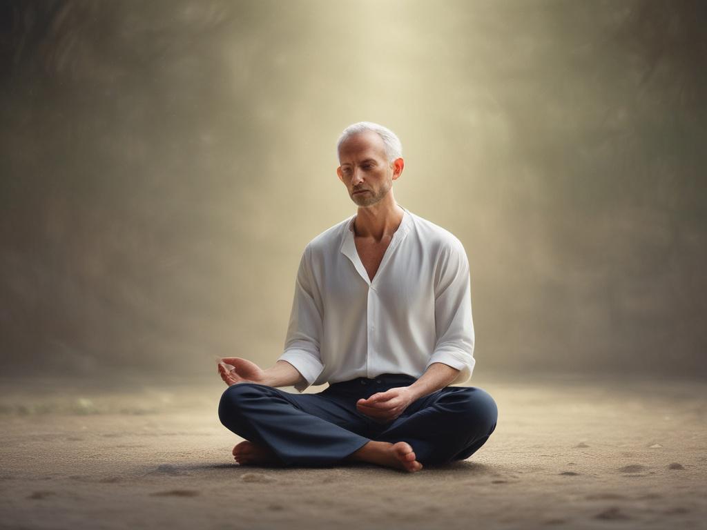 Create a realistic high-resolution photo depicting the theme "De Kracht van Eenvoud." The composition should be simple and clear, featuring a single subject: a serene figure in meditation, seated cross-legged on a soft, natural surface like grass or a sandy beach. The figure should be gender-neutral, dressed in simple, earth-toned clothing that reflects the theme of simplicity.

The background should evoke a peaceful atmosphere, showcasing a gentle landscape: soft rolling hills bathed in warm, soft lighting