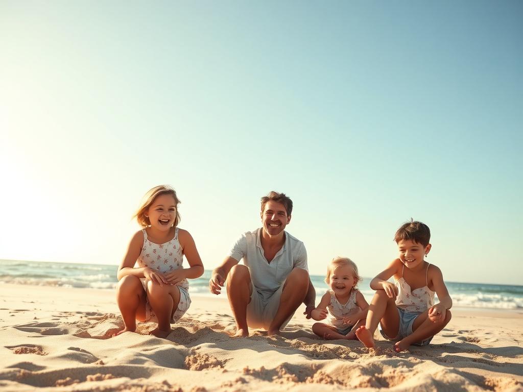 A happy family enjoying a beach vacation, playing in the sand with a clear blue sky and gentle waves in the background. The warm golden light enhances the joyful atmosphere, capturing the essence of a perfect family holiday.