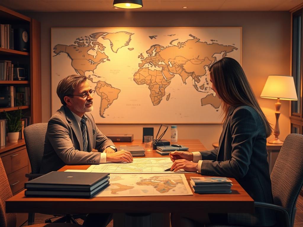 A serene, cozy travel office setting with a travel agent discussing plans with a businessperson. The scene is softly lit with golden hues, showcasing a map and travel documents on the desk. The background features a world map on the wall, emphasizing global travel.