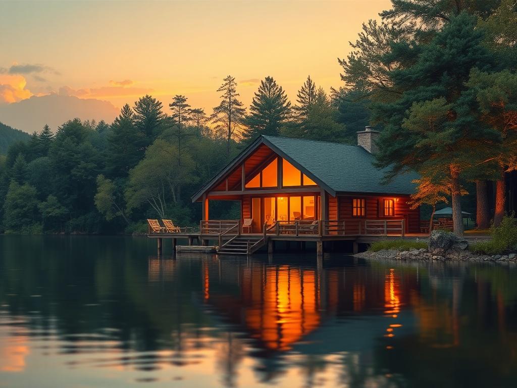 A serene lakeside cabin during sunset, surrounded by lush greenery and a peaceful atmosphere. The warm golden light reflects off the water, creating a tranquil scene perfect for a weekend getaway.