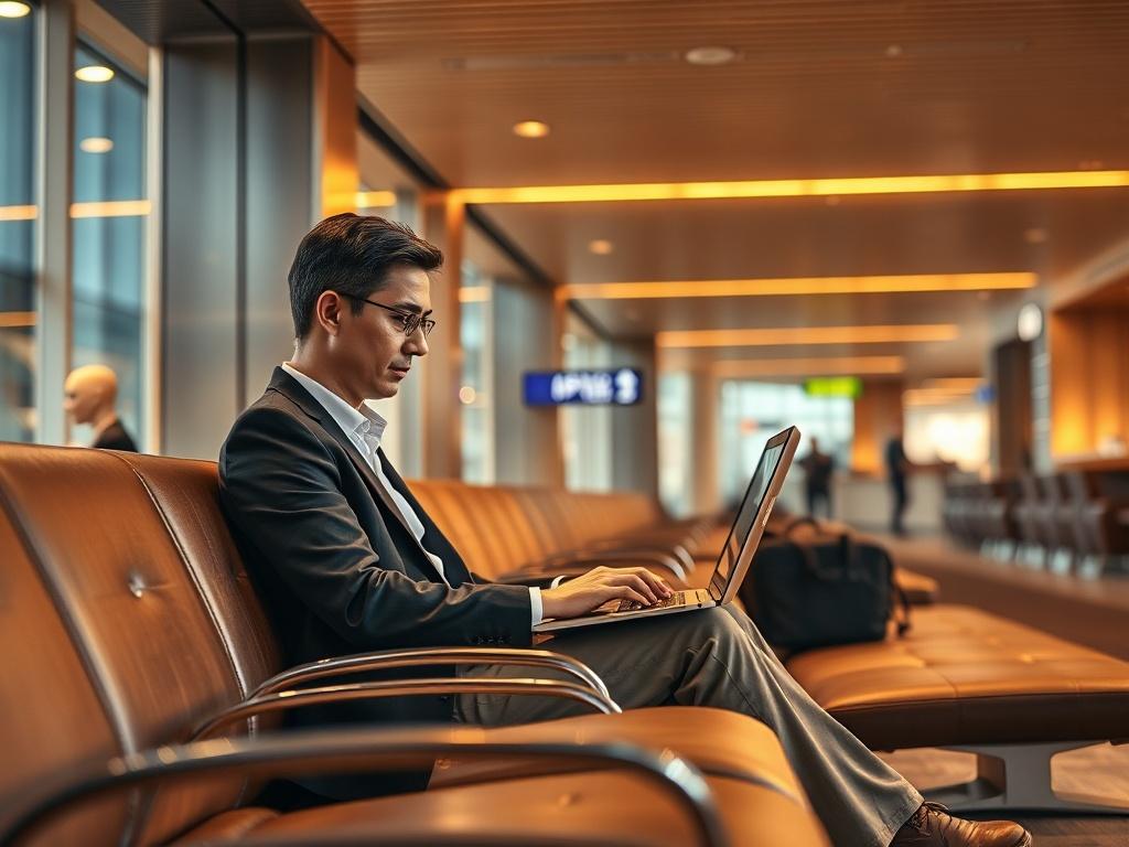 A professional in a sleek airport lounge, working on a laptop while waiting for their flight. The atmosphere is calm, with golden lighting reflecting a sense of productivity and focus.