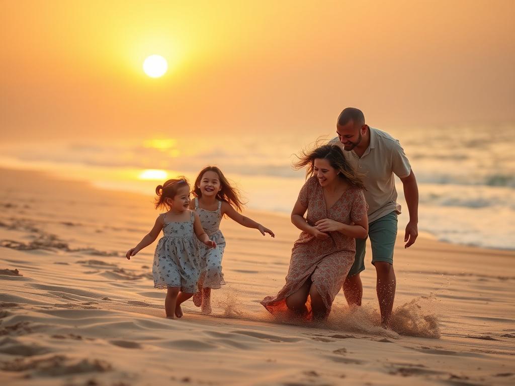 A family enjoying a beach vacation, playing in the golden sand under a soft sunset glow. The scene captures joy and togetherness, with a serene atmosphere and warm hues.