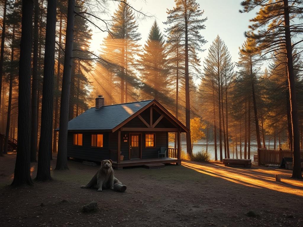 A peaceful cabin in the woods, surrounded by trees and a serene lake, capturing the essence of a perfect weekend getaway. Soft golden sunlight filters through the trees, creating a warm, inviting atmosphere.