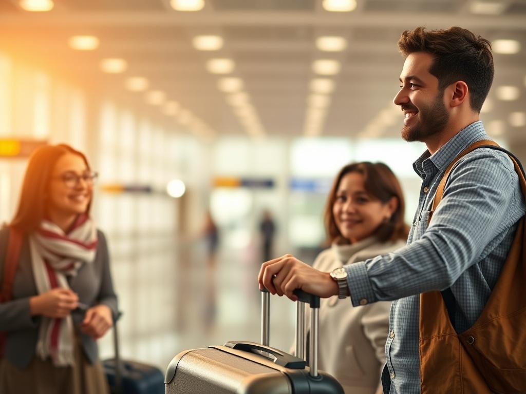 A serene scene of a professional driver assisting a family with luggage at an airport terminal. The focus is on the driver, a friendly looking person with a smile, helping the family. The background features a softly lit airport interior with cozy golden hues, emphasizing warmth and comfort. The family looks relaxed and happy, showcasing a sense of ease and trust in the service.