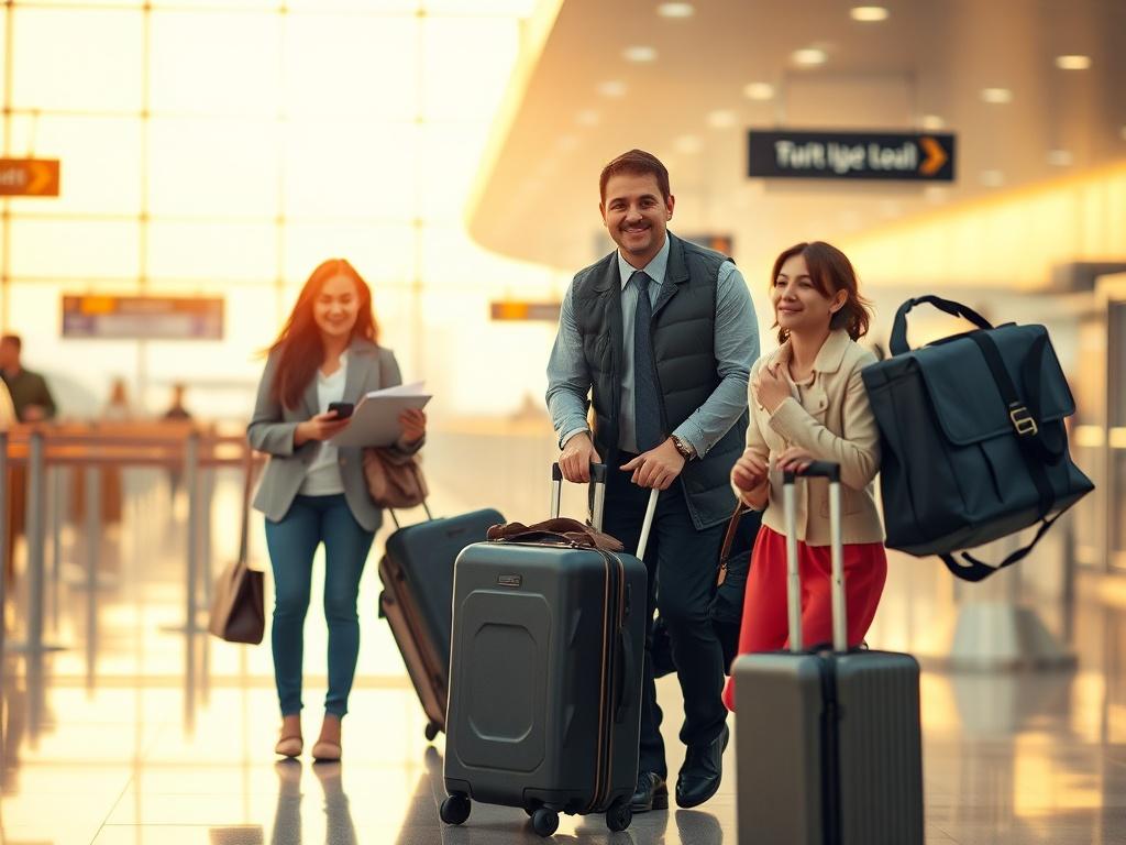 A serene scene of a professional driver assisting a family with luggage at an airport terminal. The background features a modern airport setting with soft golden lighting, creating a cozy atmosphere. The driver is smiling and dressed in professional attire, while the family appears relieved and grateful. The overall mood is calm and inviting, emphasizing convenience and ease of travel.