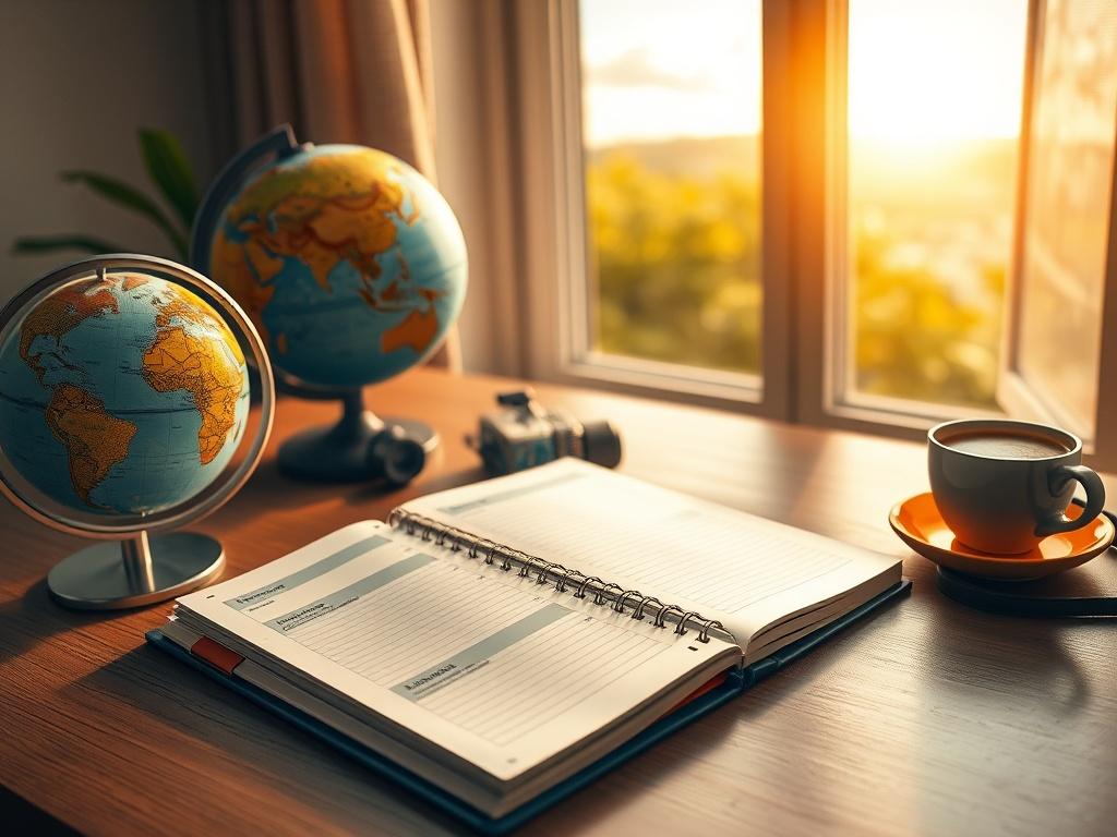 Create a realistic high-resolution image that embodies the essence of a travel planner. The central subject of the image should be a beautifully organized travel planner notebook open on a sleek wooden desk. The planner should feature colorful tabs and neatly arranged notes, symbolizing an organized approach to travel planning. Surrounding the planner, include a few travel essentials: a stylish globe, a compact camera, and a steaming cup of coffee, all contributing to a serene atmosphere of planning.

In th