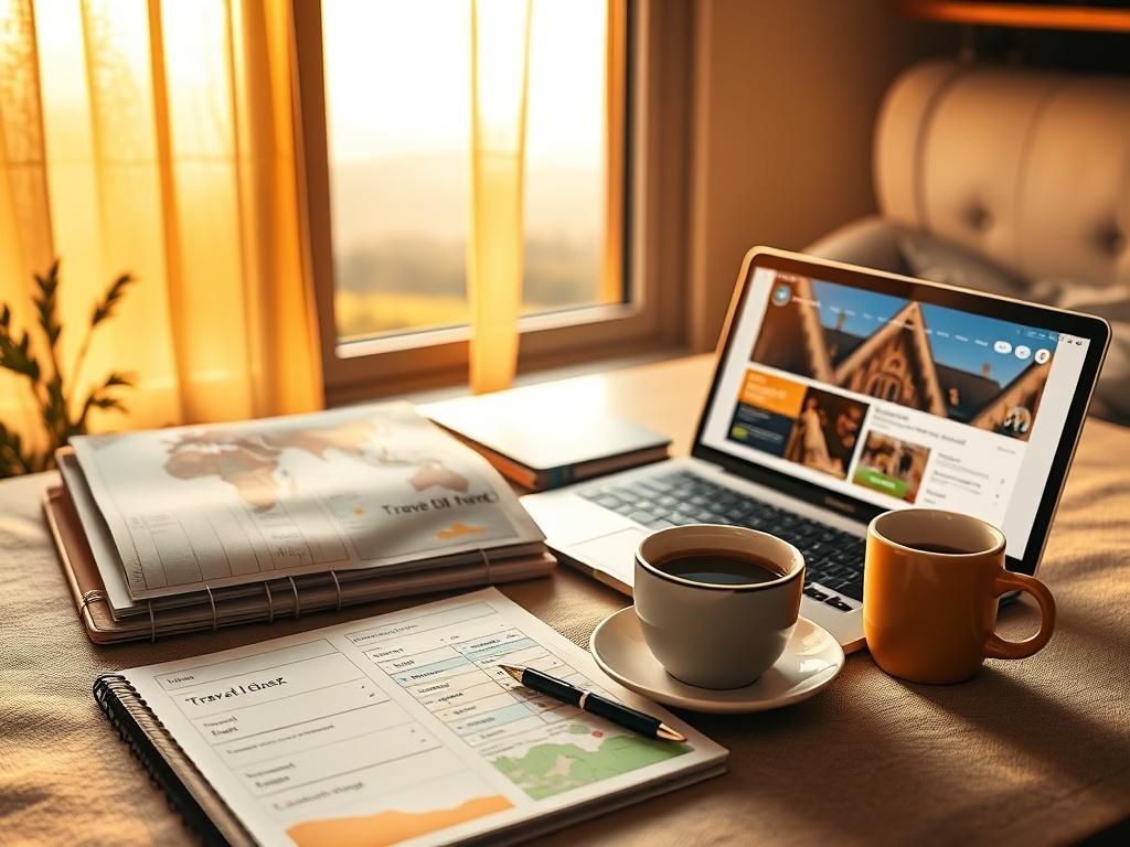 A serene travel planning scene featuring a cozy workspace. The image shows a neatly arranged travel planner, a laptop with an open travel booking website, and a steaming cup of coffee on the side. Soft golden lighting enhances the inviting atmosphere, with a window view of a peaceful landscape in the background. The overall mood is calm and organized, emphasizing stress-free travel planning.