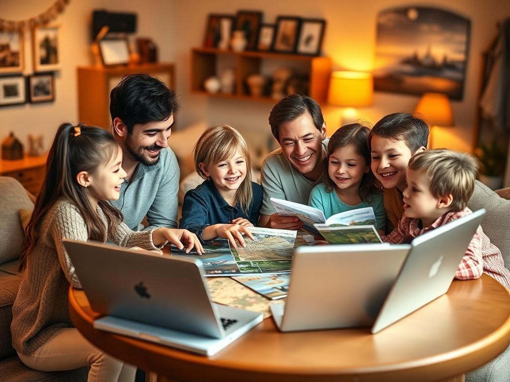 A joyful family gathered around a table with travel brochures and a laptop, planning their next family vacation. The room is filled with warm, golden lighting, and the parents are smiling as they discuss potential destinations. Children look excited, pointing at images on the screen. The background features a cozy living room with family photos and travel souvenirs.