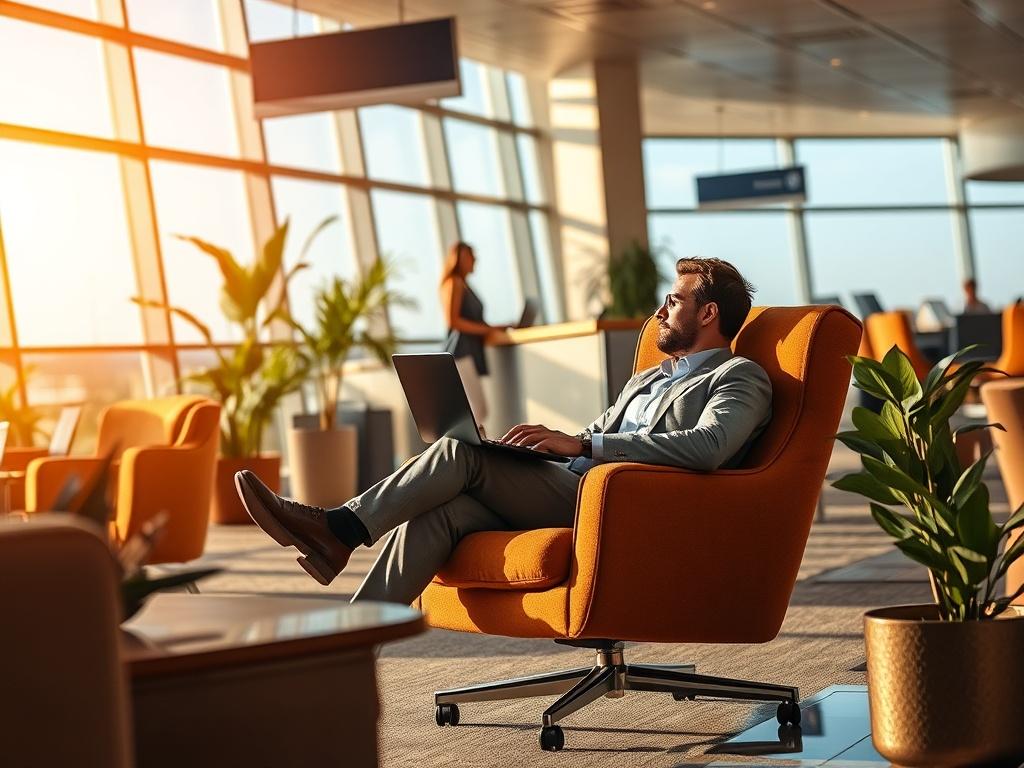 A serene and cozy airport lounge scene featuring a business traveler relaxing in a plush chair with a laptop. Soft golden hues illuminate the space, creating a calming atmosphere. In the background, a friendly travel agent is assisting another client. The setting showcases comfortable seating, lush plants, and large windows revealing a clear blue sky outside.