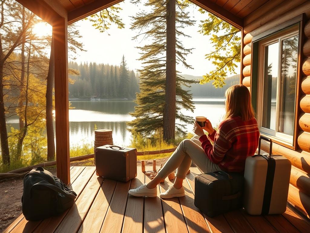 A couple enjoying a peaceful weekend getaway in a beautiful cabin by a serene lake. The scene captures them sipping coffee on a wooden deck, surrounded by lush greenery and soft golden light filtering through the trees. The lake reflects the calmness of the environment, creating a perfect getaway atmosphere. A travel bag rests beside them, hinting at their adventure.