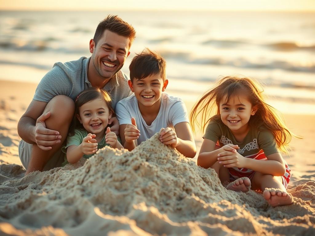 A happy family enjoying a beach vacation, building sandcastles together, with warm golden sunlight illuminating their joyful expressions. The background features a serene beach setting with soft waves.