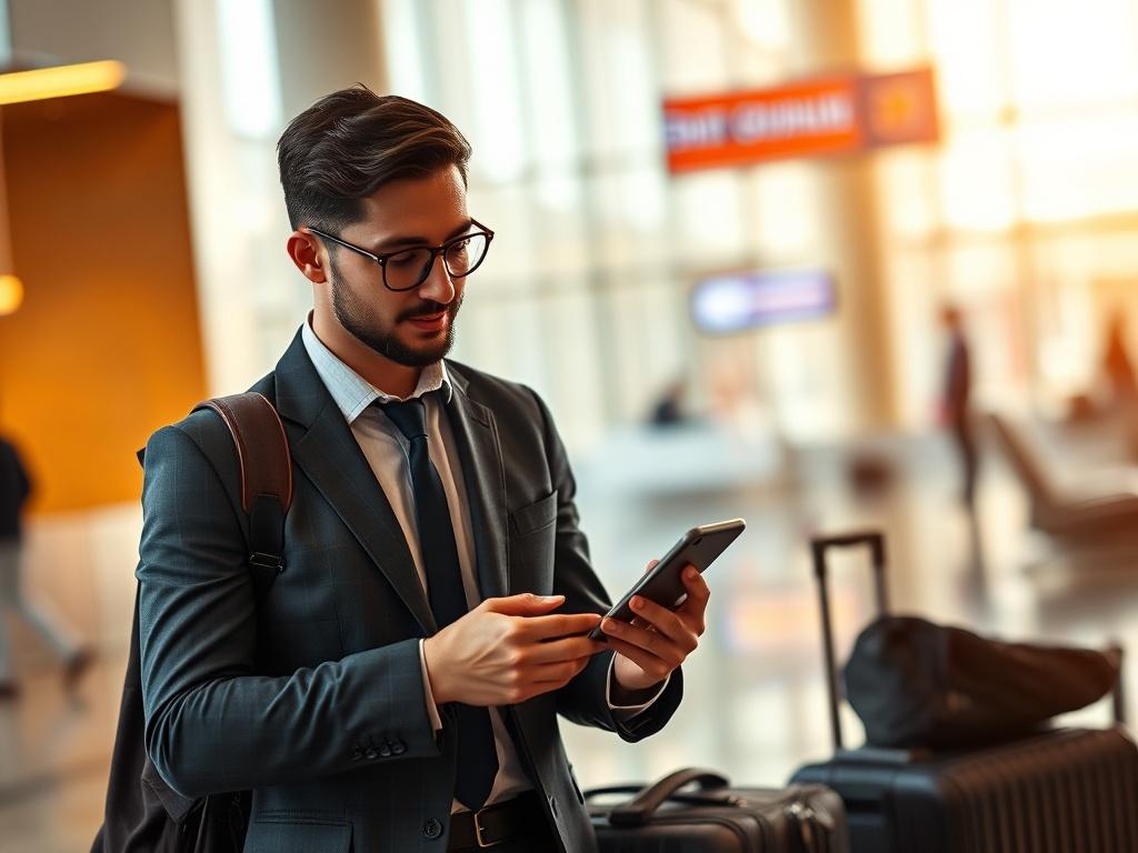 A professional setting with a business traveler checking their itinerary on a smartphone, dressed in formal attire, surrounded by luggage in an airport lounge. The background features cozy golden hues and soft lighting, creating a serene atmosphere.