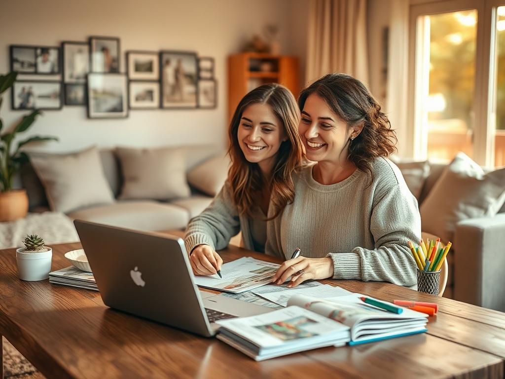 **AI Image Generation Prompt:**

Create a realistic high-resolution photo that embodies the essence of "Planning the Perfect Family Holiday." The image should feature a serene and cozy family setting in a beautifully organized living room. The main subject should be a cheerful mother seated at a stylish wooden table, surrounded by travel brochures, a laptop, and a notepad filled with notes and colorful markers, deep in thought as she plans the family getaway. Her expression should radiate excitement and ant