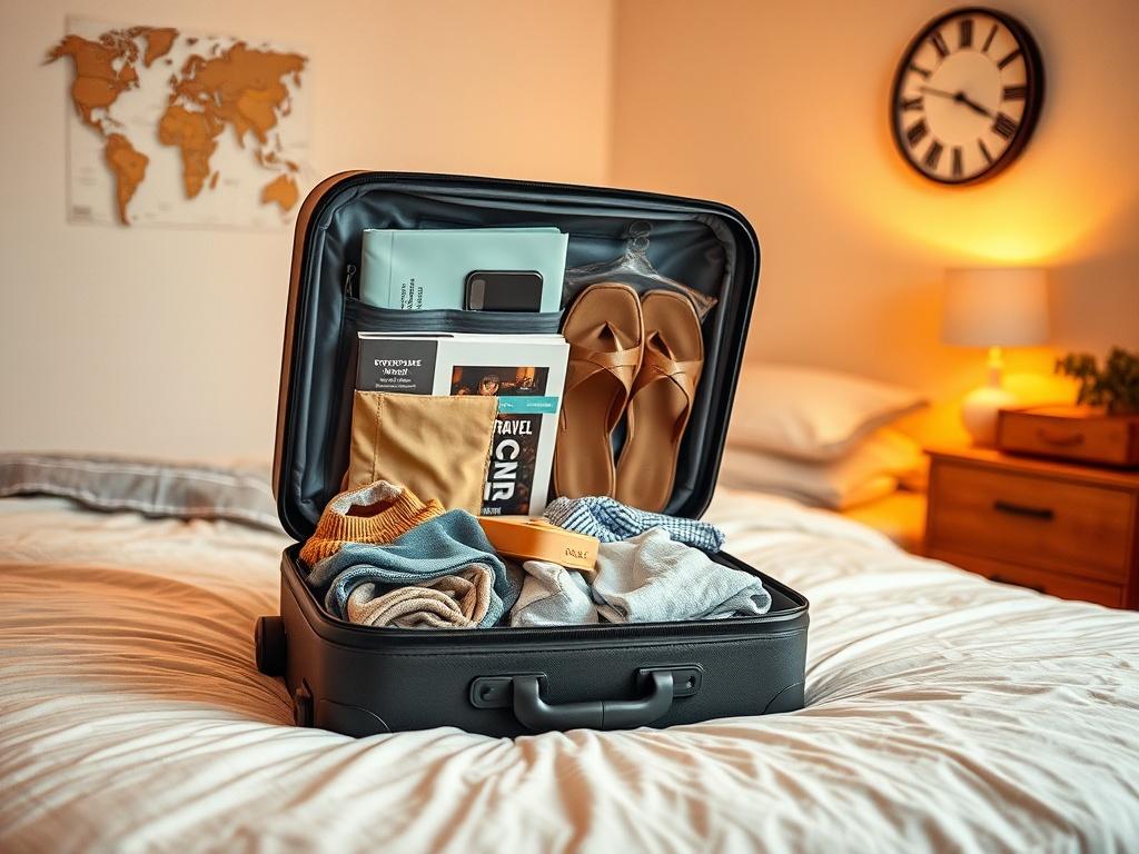 **Prompt for AI Image Generator:**

Create a realistic high-resolution photograph that embodies the essence of "Essential Travel Packing Tips." The composition should be simple and clear, focusing on a single subject: a well-organized suitcase on an open bed. The suitcase should be partially open, showcasing an artfully arranged collection of travel essentials, such as neatly folded clothes, a travel-sized toiletries bag, a guidebook, and a pair of comfortable shoes. 

The background should depict a cozy, s