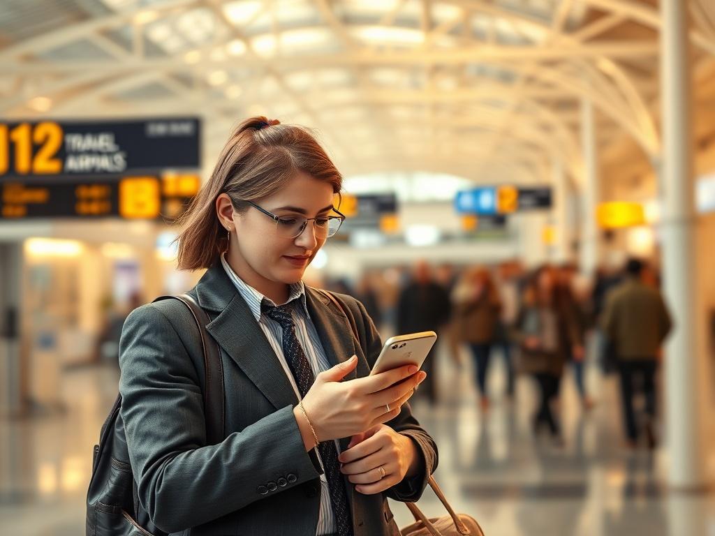 A professional business traveler at an airport, looking at their