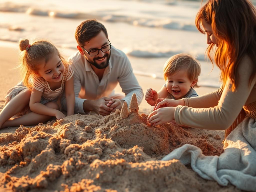 A happy family enjoying time together on a beach, building