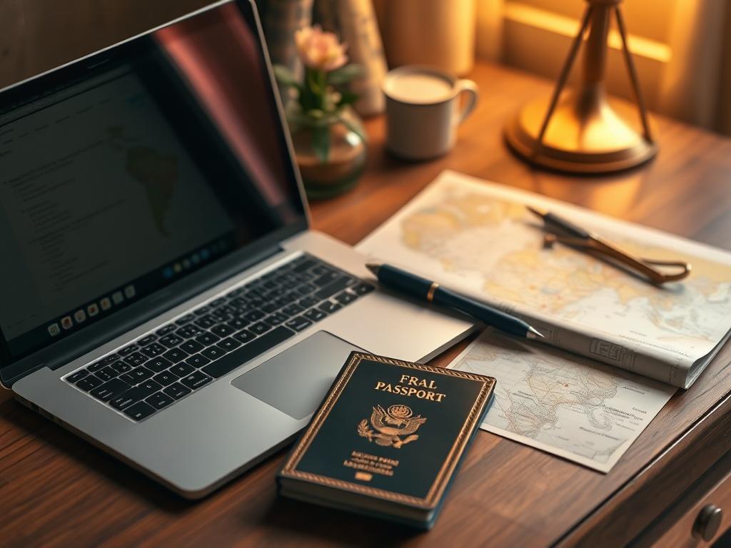 A serene and cozy travel setup showcasing a laptop, travel documents, and a passport on a wooden desk with soft golden lighting.