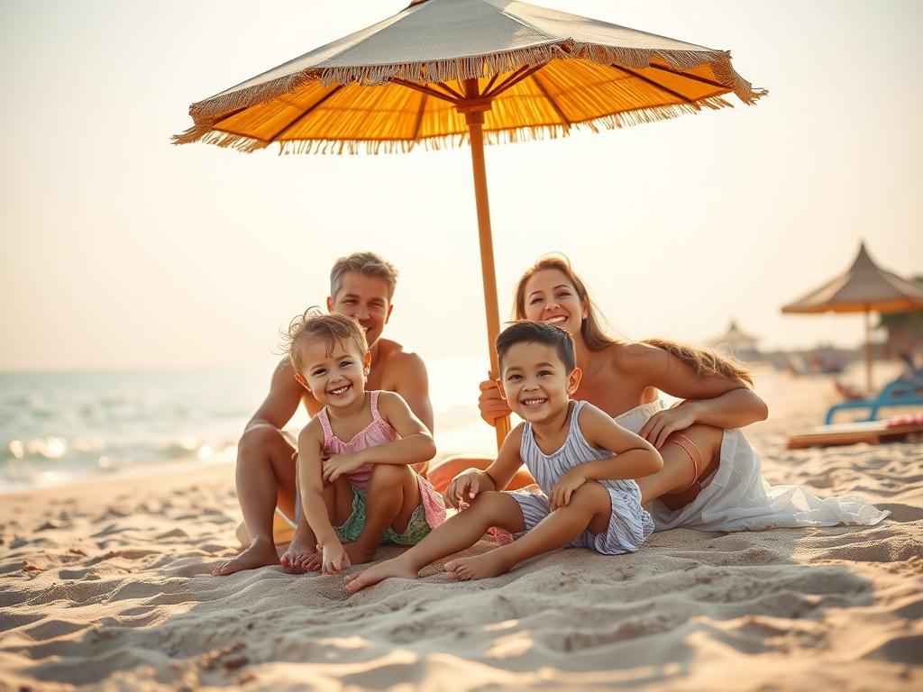 A cheerful family enjoying a beach holiday, with children playing in the sand and parents relaxing under an umbrella, all in warm golden hues.