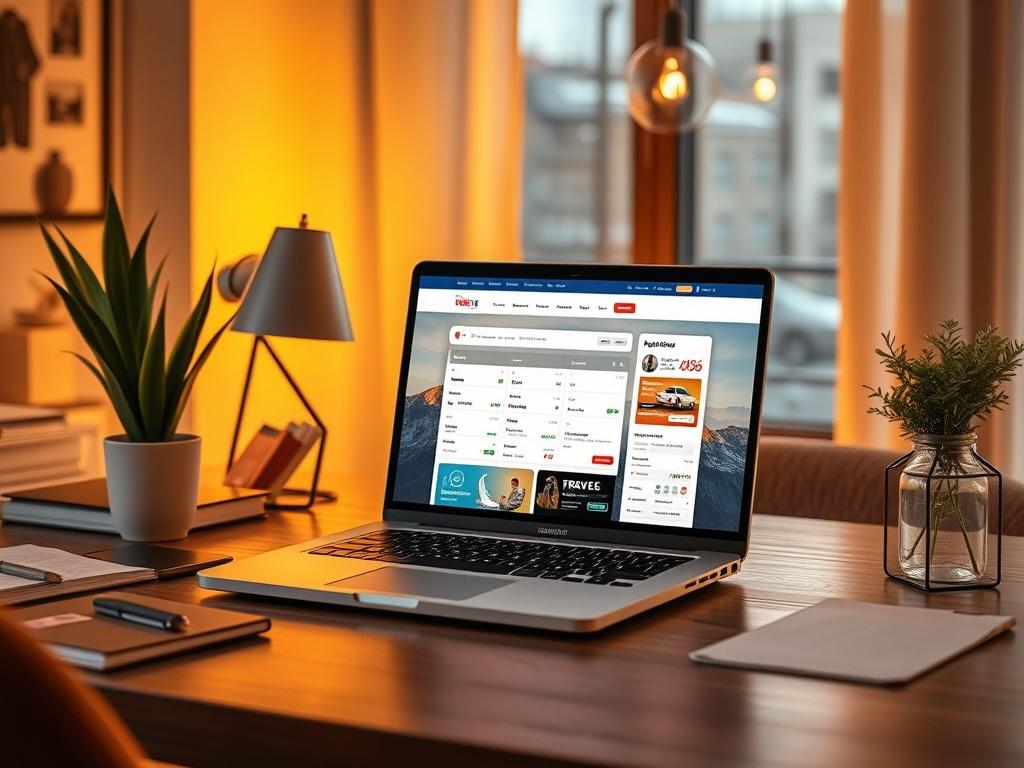 A serene image of a modern office workspace with a laptop open to a travel booking site, soft lighting, and cozy golden hues.