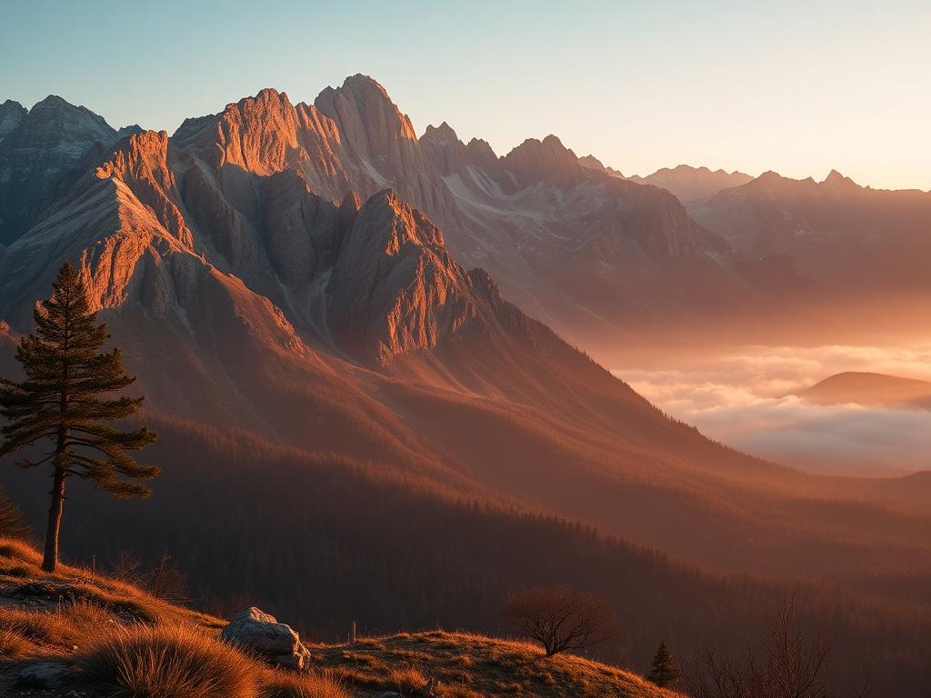 A scenic outdoor view of a tranquil mountain landscape at sunset, inviting for a weekend retreat, with golden hues illuminating the scene.