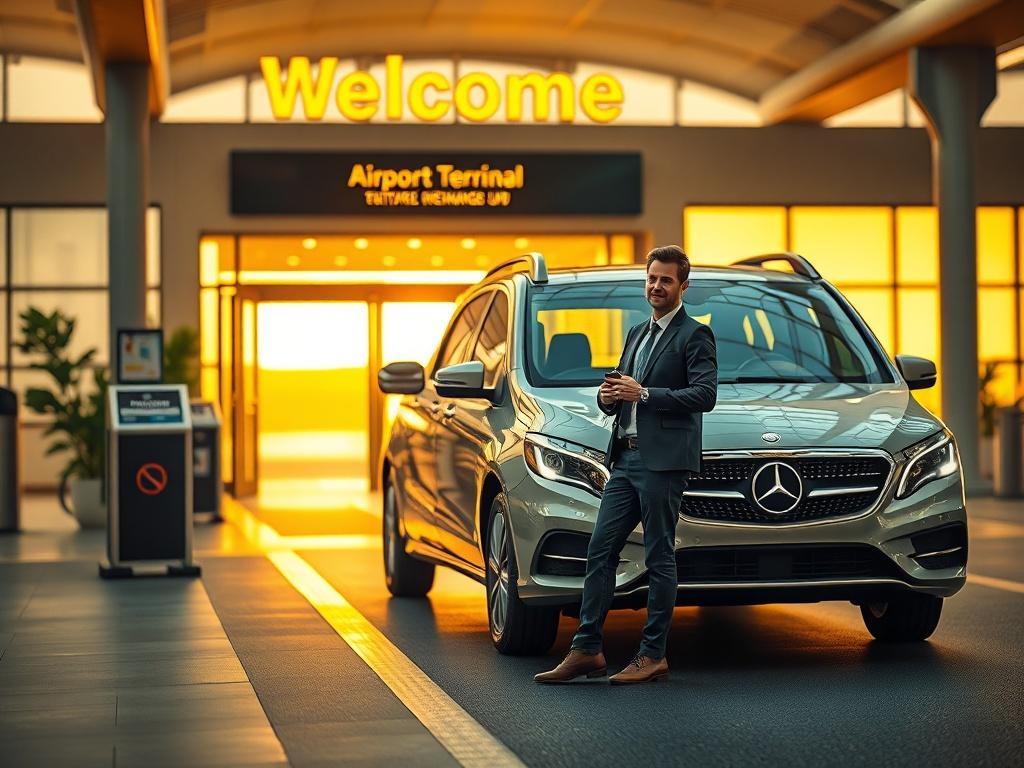 A serene and comfortable vehicle waiting at an airport terminal, with a friendly driver standing beside it, ready to assist. The background features the airport's welcoming entrance, softly lit by golden hues, conveying a sense of warmth and comfort. The scene captures the essence of convenience and professionalism in travel, with a focus on the driver and the vehicle.