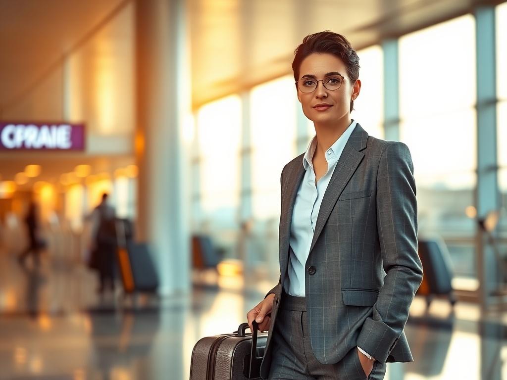 A professional looking business person at an airport, standing next to a suitcase, with a serene background of an airport terminal, soft warm lighting, showcasing a sense of calm and readiness for travel.
