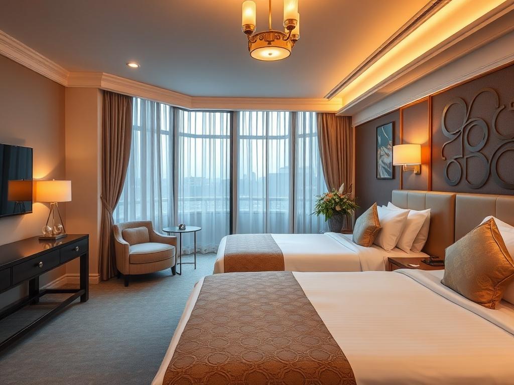 A cozy and inviting hotel room with soft lighting, elegant decor, and a peaceful ambiance, showcasing a perfect lodging option for travelers.
