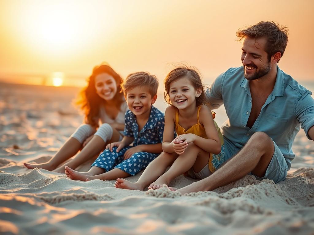 A joyful family enjoying a beach vacation, playing in the sand with warm sunlight illuminating the scene, creating a cozy and inviting atmosphere.