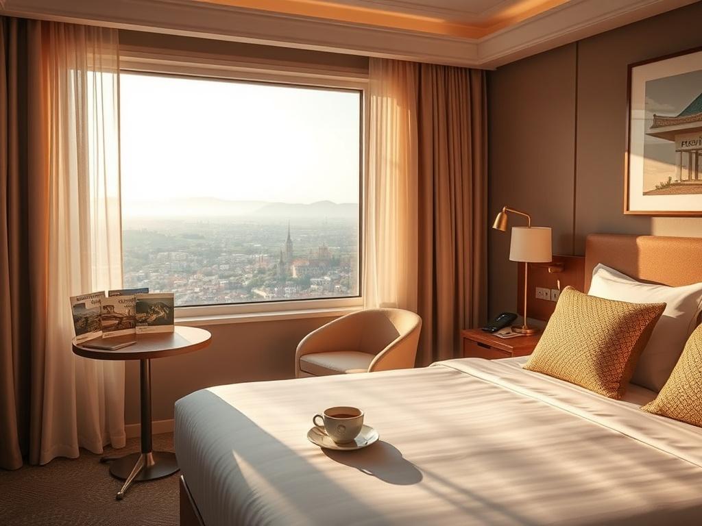 A serene scene depicting a cozy hotel room with soft lighting and golden hues, featuring a neatly made bed, a window showing a picturesque view with gentle sunlight streaming in, and a small table with travel brochures and a steaming cup of coffee. The atmosphere should feel inviting and relaxing, embodying the essence of a perfect weekend getaway.