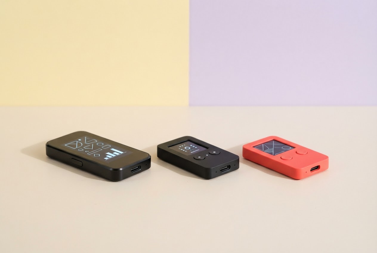 Three distinct hardware wallet designs arranged together in a colorful studio still life