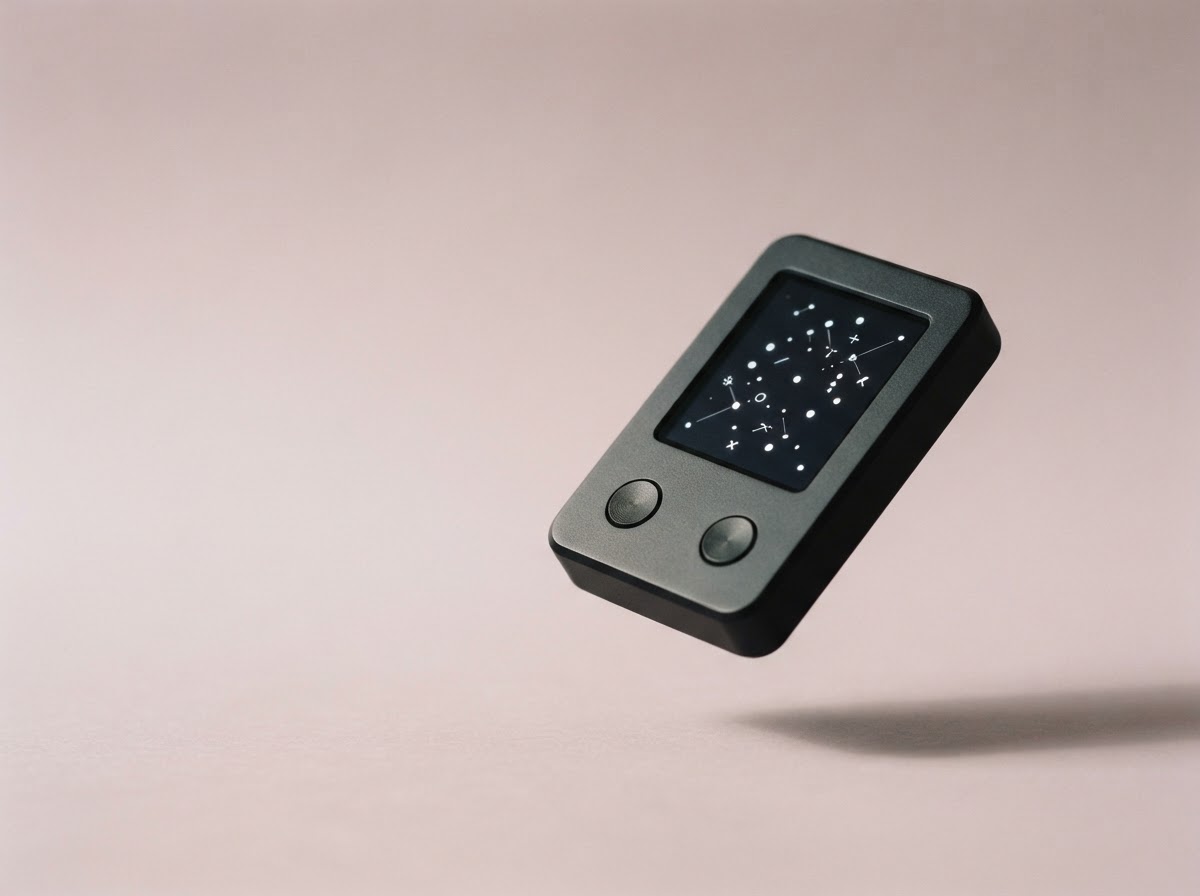 A compact black hardware wallet floating against a soft lilac backdrop