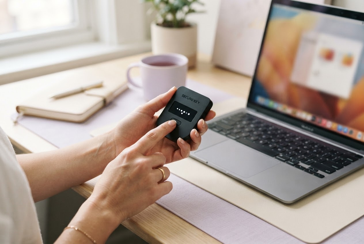 A person checking a hardware wallet beside a laptop in soft daylight