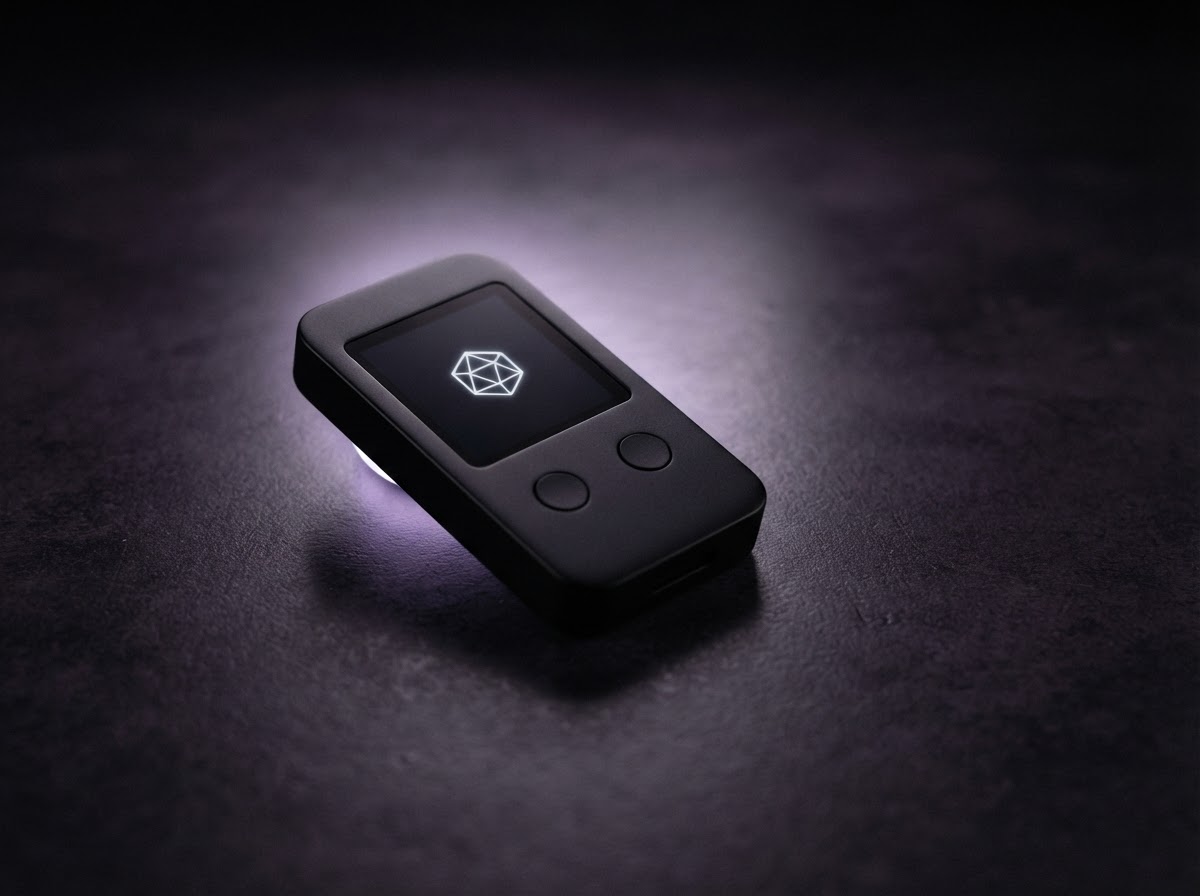 A black Ledger hardware wallet in a dramatic, softly lit studio