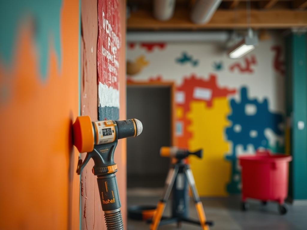 A close up shot of a commercial space being painted,