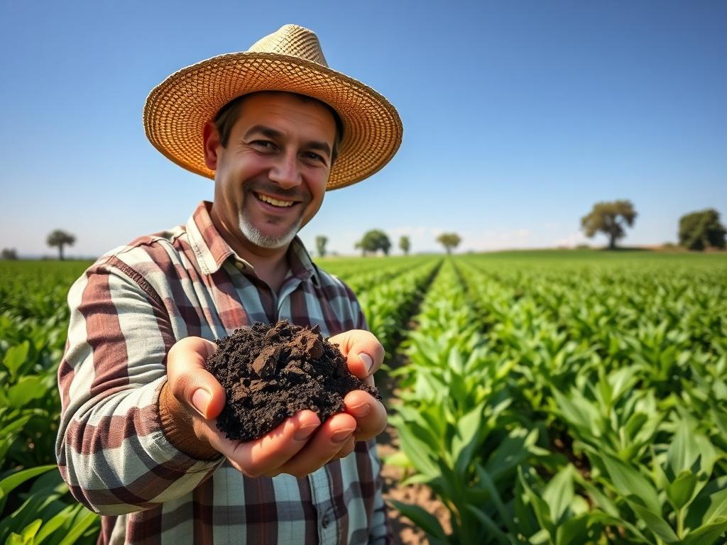 A vibrant, realistic image of a farmer inspecting healthy crops