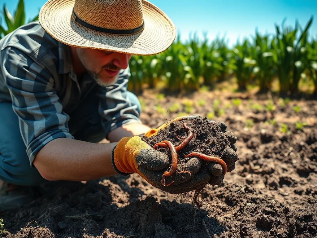 A realistic high resolution of a farmer examining healthy soil