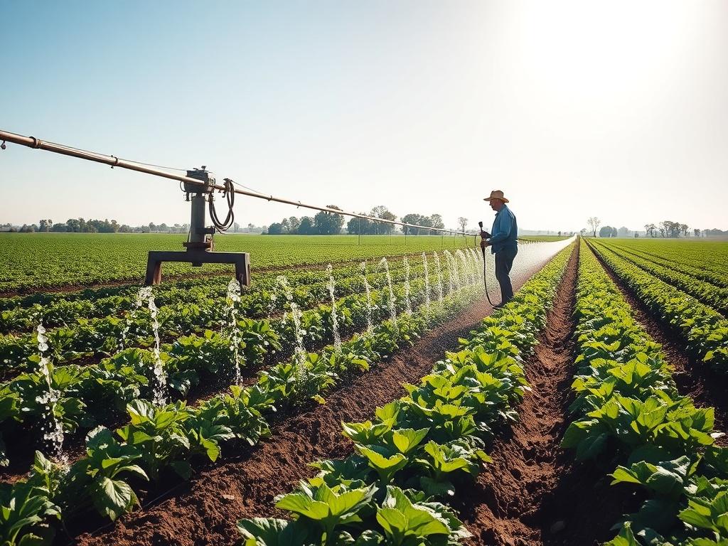 An irrigation system in action, showcasing a farmer monitoring water