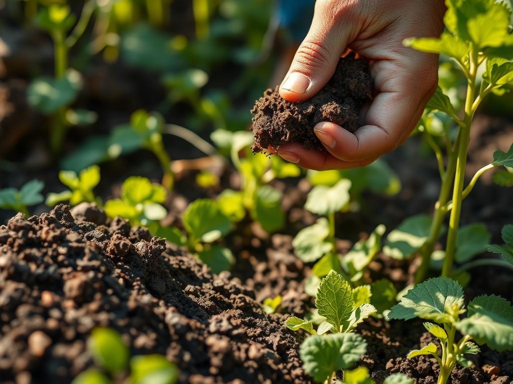 A close up of rich, dark soil being examined by