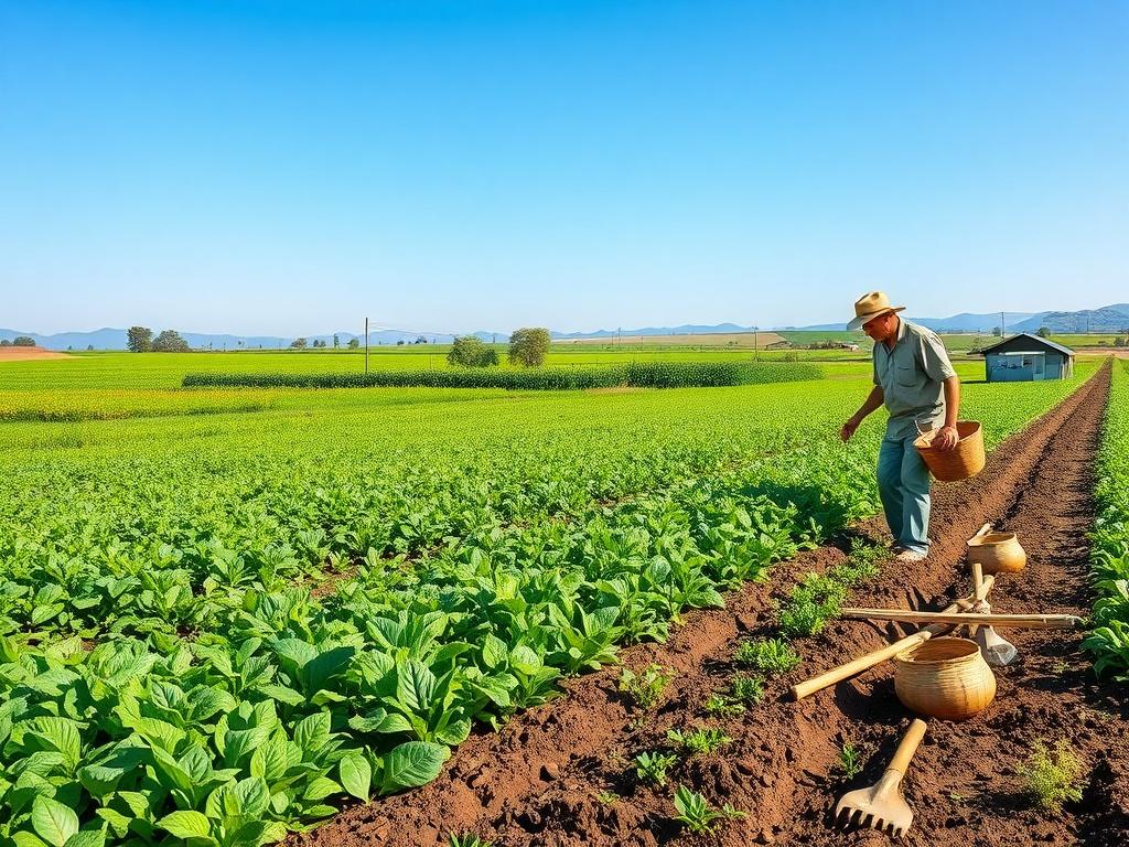 A serene farm landscape showcasing a lush green field with