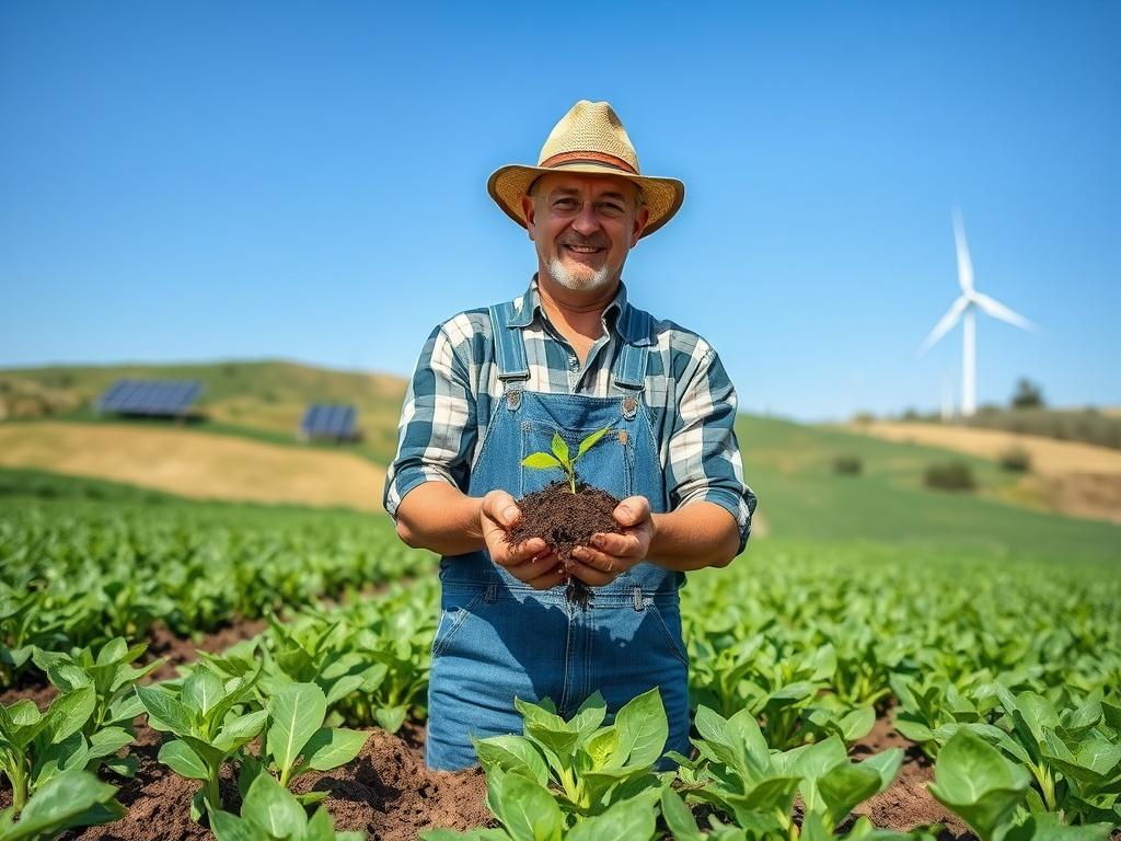 Create a realistic high-resolution photo centered on a modern farmer in a lush, green field demonstrating sustainable farming practices. The subject should be a middle-aged farmer, wearing a plaid shirt, denim overalls, and a straw hat, showcasing a sense of determination and connection with the land. They should be holding a handful of rich, dark soil, with a few vibrant seedlings sprouting nearby, symbolizing the growth and care associated with sustainable agriculture.

The background should consist of ro