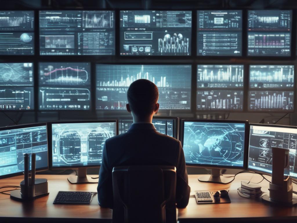 A close up shot of a cybersecurity analyst monitoring multiple