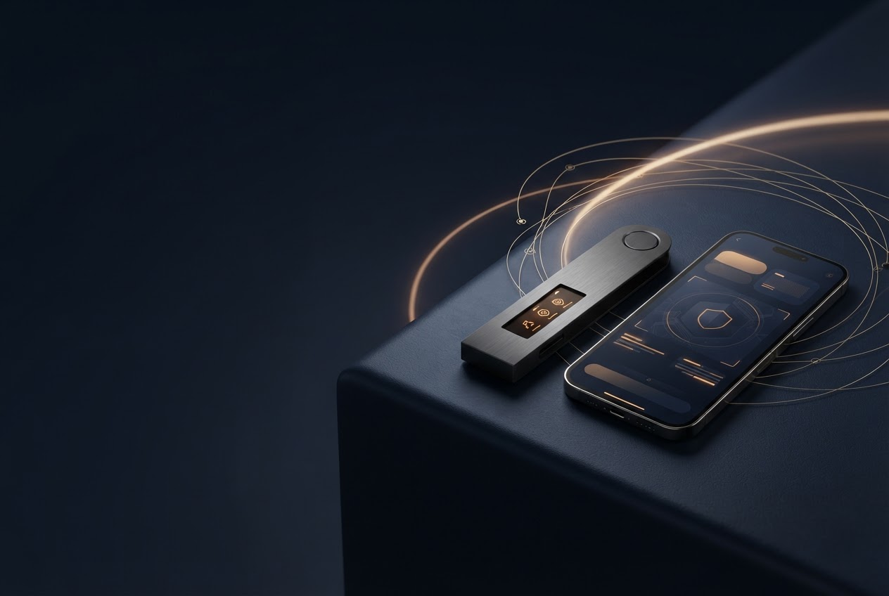 Graphite hardware wallet and smartphone with a warm, subtle security-themed light trail