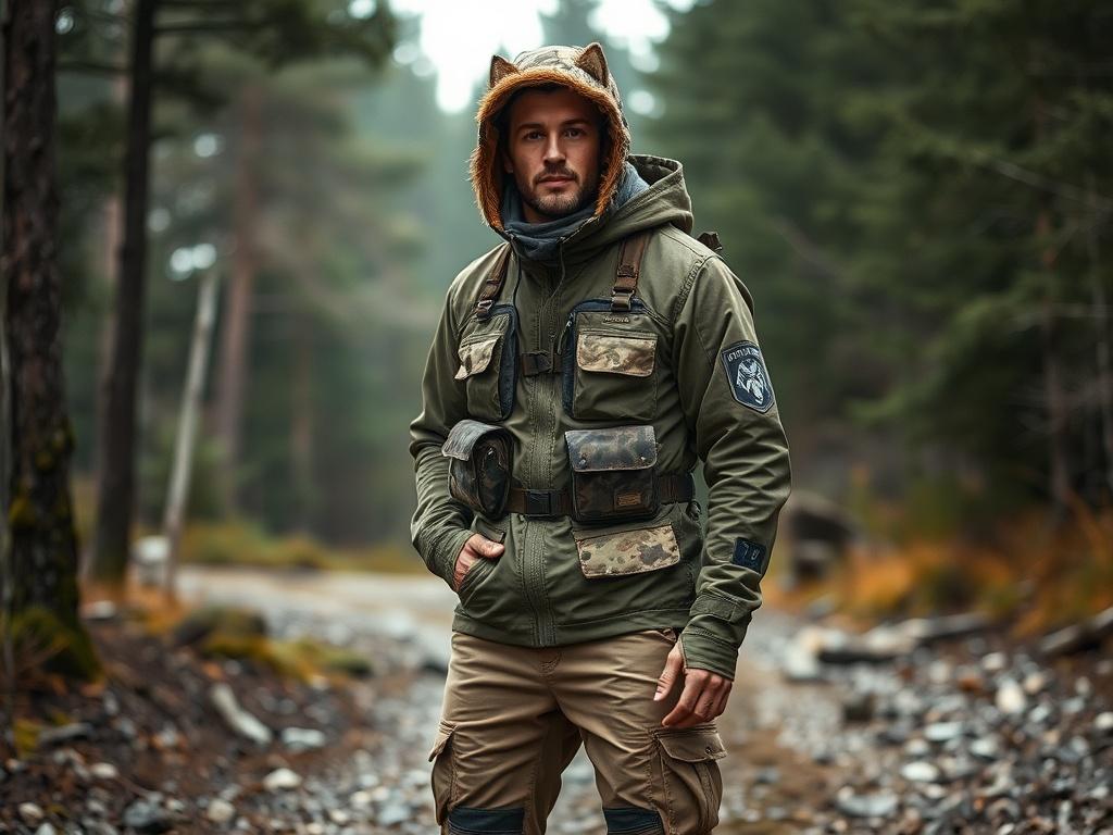 A realistic high-resolution photo of a rugged outdoor setting featuring a model wearing wolf-inspired outdoor gear. The model stands confidently in front of a forest backdrop, showcasing a blend of earthy tones in the gear. The focus is on the intricate design details of the apparel, capturing the essence of nature and the spirit of wolves.