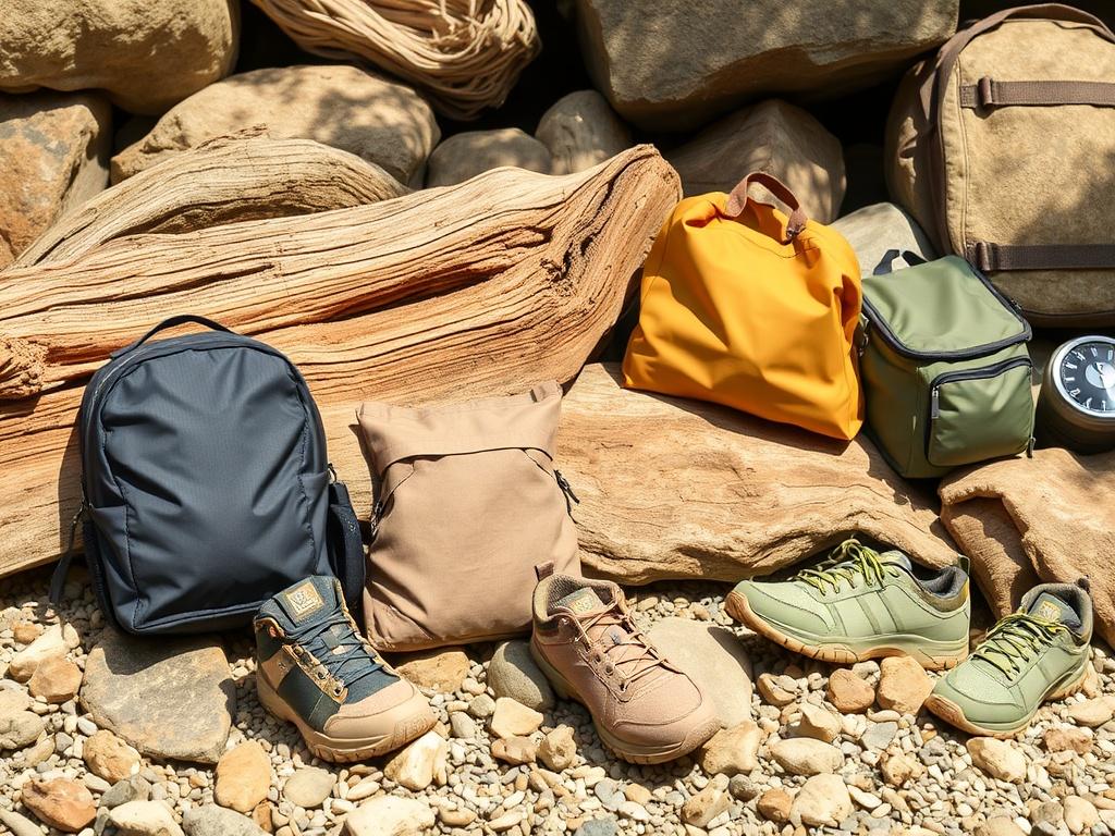 A realistic high-resolution photo of eco-friendly outdoor gear displayed on natural textures like wood and stone. The setting should evoke a sense of harmony with nature, showcasing the sustainable materials used in the products. Soft natural light should illuminate the gear, highlighting its features and emphasizing the commitment to eco-friendly practices.